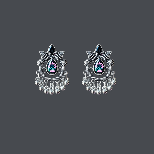 Oxidized Silver Floral Drop Earrings with Dangling Beads