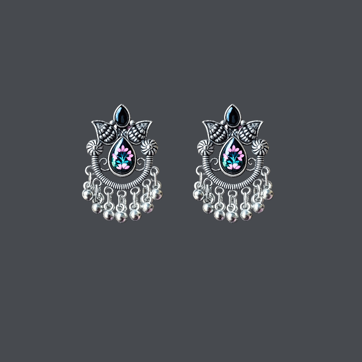 Oxidized Silver Floral Drop Earrings with Dangling Beads