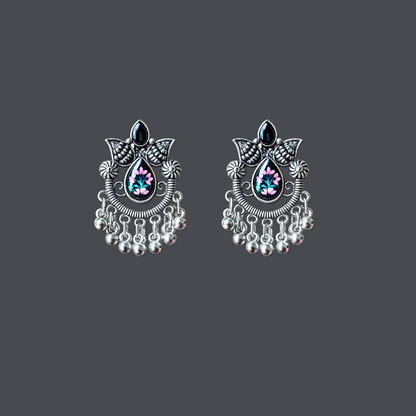 Oxidized Silver Floral Drop Earrings with Dangling Beads
