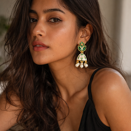 Green Floral Gold Plated Jhumka Earrings with Pearl Drops