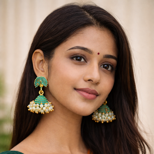 Limited Edition Turquoise Peacock Jhumka Earrings with Pearl Drops